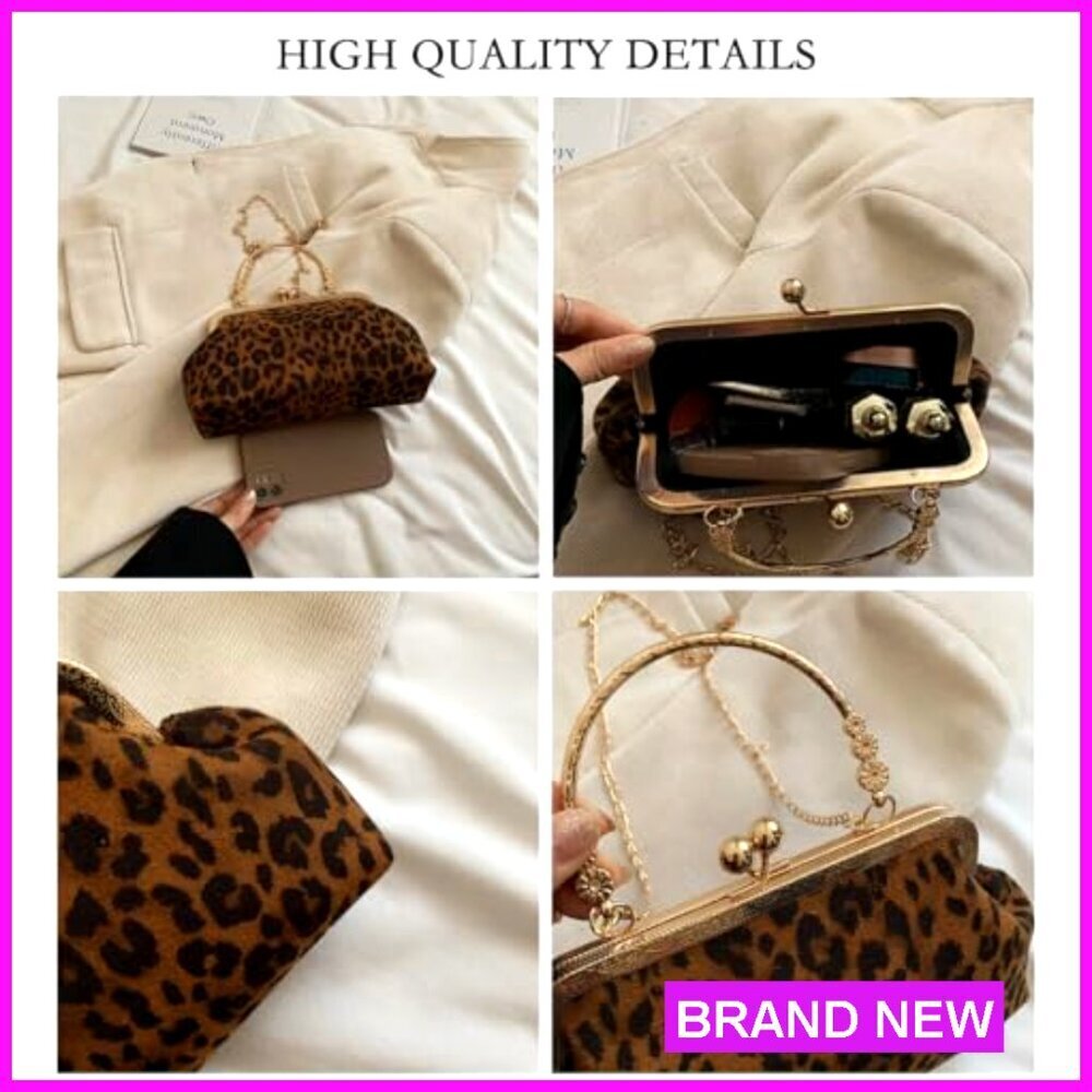 Small Leopard Print Kiss Lock Evening Clutch with Removable Chain - Picture 5 of 7